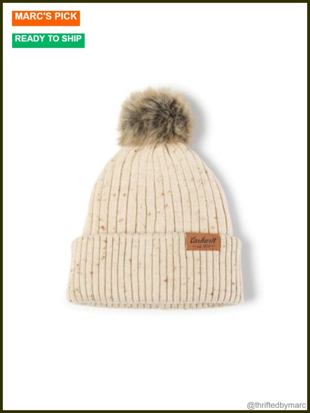 Knit Beanie with Faux Fur Pom-Pom and Faux Suede Label